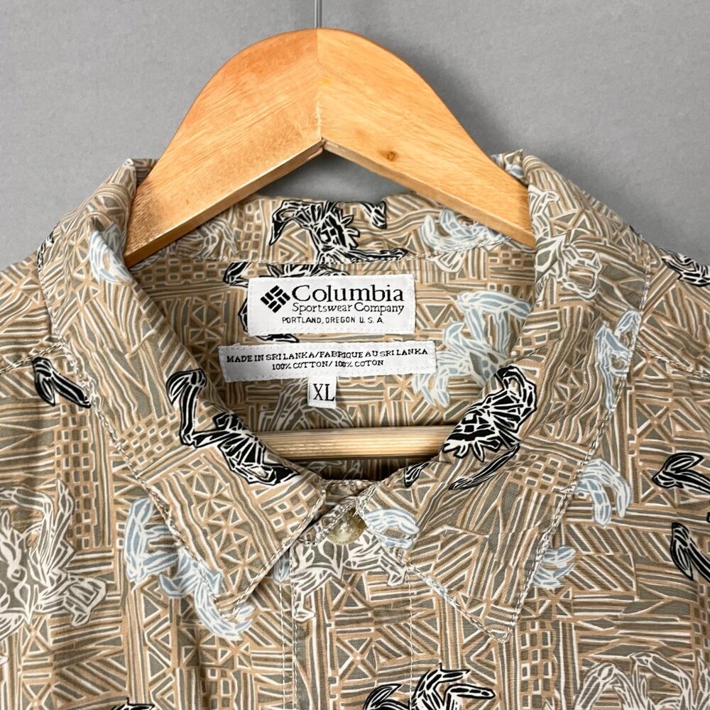 Vintage 90s Columbia Sportswear Shirt Men Button-Up Crab‎ Pattern Hawaiian XL